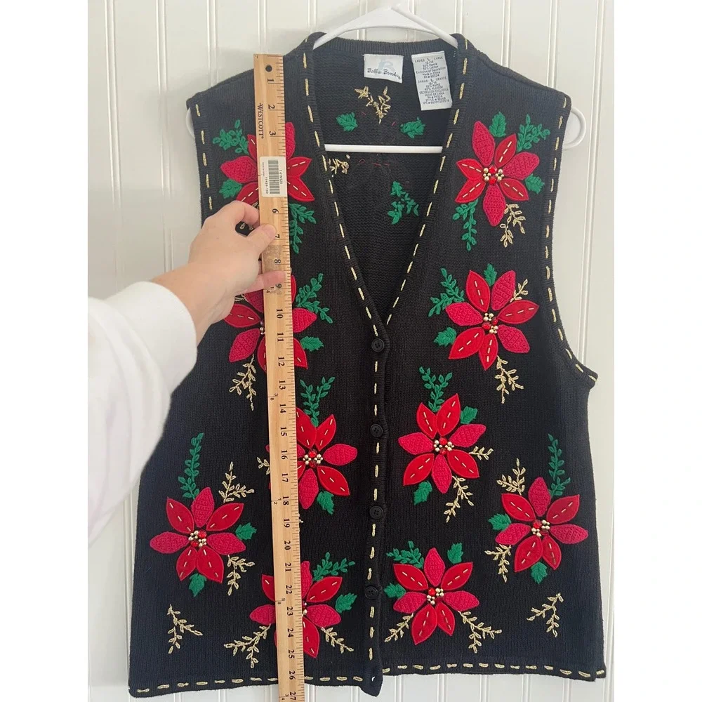 Bobbie Brooks Christmas Sweater Vest Large Black Poinsettia Beaded Holiday‎ - Picture 7 of 8